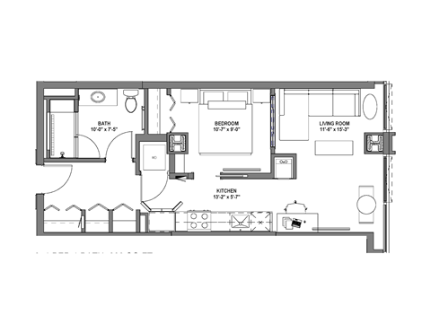 Floor plan for 1 bed, 1 bath, 603 sqft